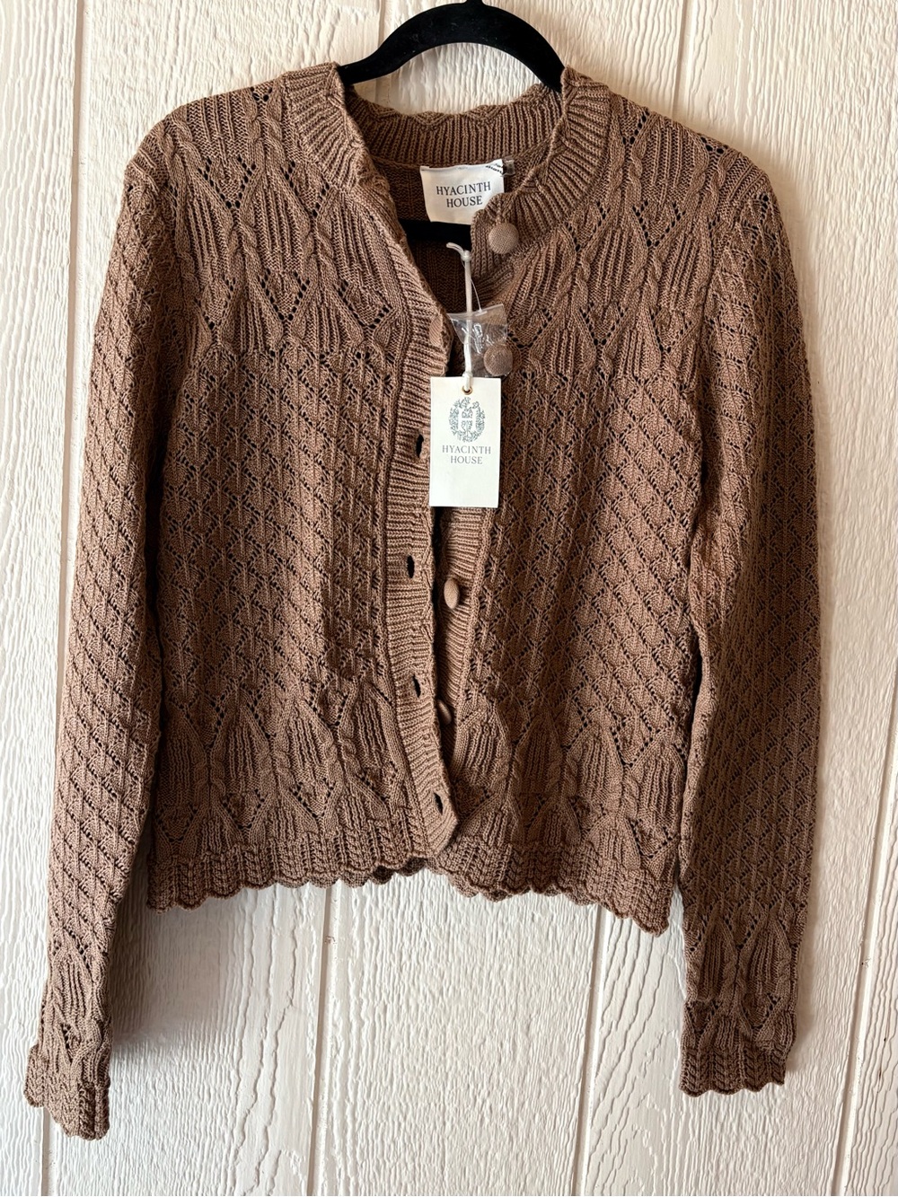 Hyacinth House Pointelle Capucine Cotton Cardigan Sweater NWT Medium Tan Brown - Picture 1 of 8